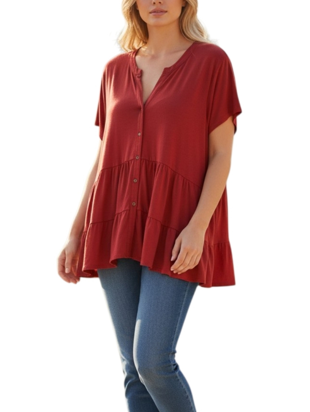 Wonderly Red Tiered Tunic Blouse